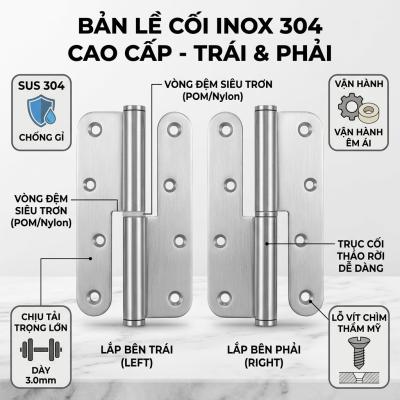 Bản Lề Cối Inox 304 Stanley Cao Cấp (Trái/Phải) - Chịu Lực Cửa Gỗ